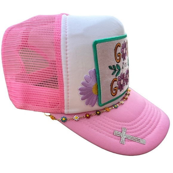 God Is Good Pink Floral Patch Trucker Hat Cap with Floral Chain - Picture 3 of 8